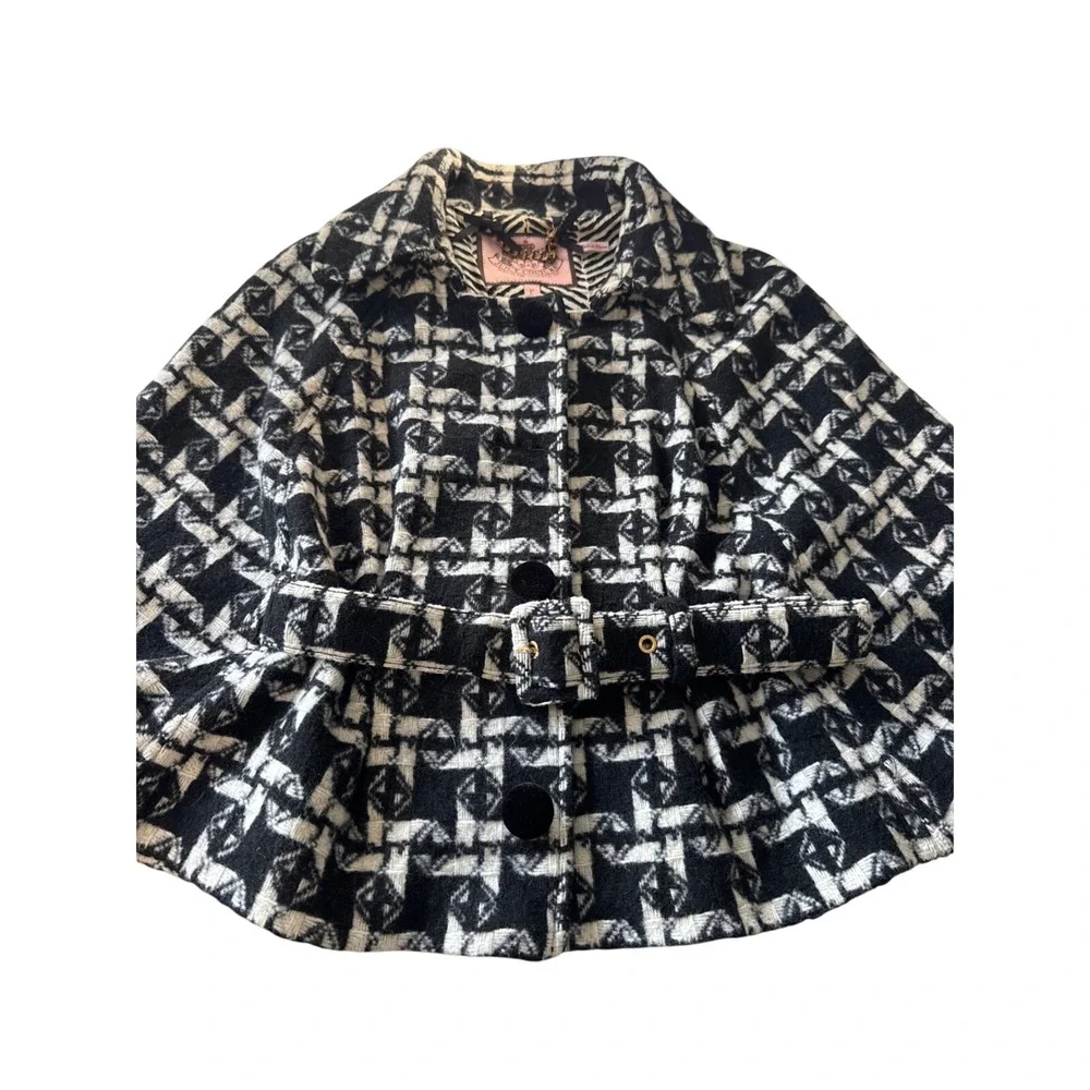 JUICY COUTURE Black‎ Angel Twisted Belt Houndstooth Cape Cardigan Shrug Jacket P